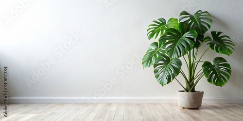 Tropical plant with lush leaves on floor near white wall. Space for text, tropical, plant, lush, leaves, floor, white wall, greenery, foliage, indoor, natural, botanical, decoration, exotic