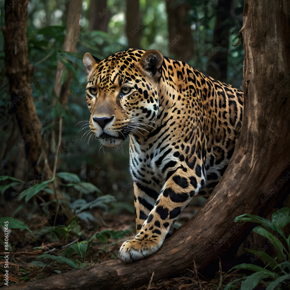 Jaguar walking in the middle of the jungle Jaguar walking in the middle of the jungle