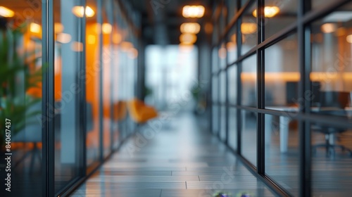 Modern Office Hallway With Blurred Background and Glass Partitions