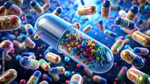 Microscopic view of Lactic Acid Bacteria genome database with flying molecules in capsule form , lactic acid bacteria, genome database, light blue, microscope, Lactobacillus, Bifidobacterium