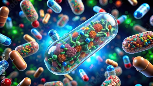 Microscopic view of Lactic Acid Bacteria genome database with flying molecules in capsule form , lactic acid bacteria, genome database, light blue, microscope, Lactobacillus, Bifidobacterium