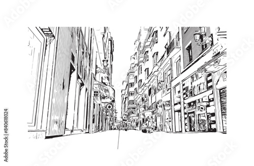 Print Building view with landmark of Santander is the city in Spain. Hand drawn sketch illustration in vector.