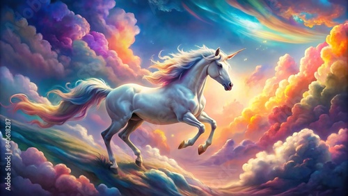 Enchanting unicorn galloping through colorful clouds   unicorn  fantasy  magical  children s book  whimsical  dreamy  fairytale  mythical  decor  clouds  rainbow  pastel  mystical  majestic