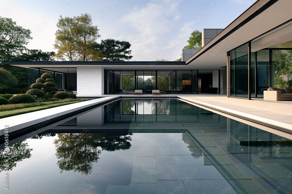 Fototapeta premium modern house with pool, A beautiful modern design architecture image of a luxurious home with a pool