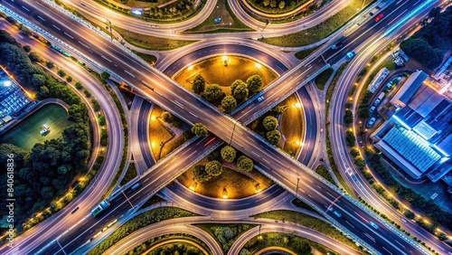 A top view of a roundabout interchange on an expressway at night   city  infrastructure  transportation  road  traffic  intersection  urban  aerial  highway  night time  cityscape  circle