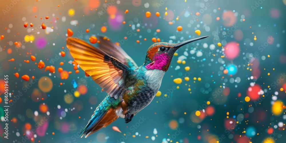 Vibrant hummingbird in flight against a colorful bokeh background, showcasing its iridescent feathers and dynamic energy. Vibrant hummingbird in flight against a colorful bokeh background, showcasing its iridescent feathers and dynamic energy.