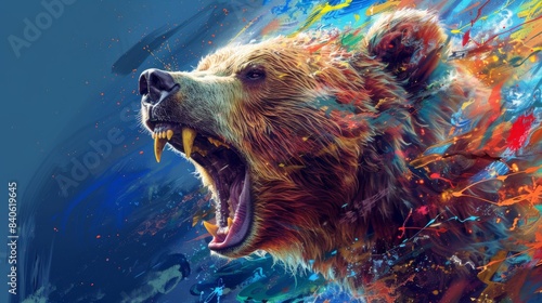 Vibrant digital painting of a roaring bear with colorful, abstract elements. Perfect for wildlife and art-themed projects. © Tanakorn