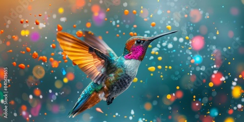 Vibrant hummingbird in flight against a colorful bokeh background, showcasing its iridescent feathers and dynamic energy. © Tanakorn