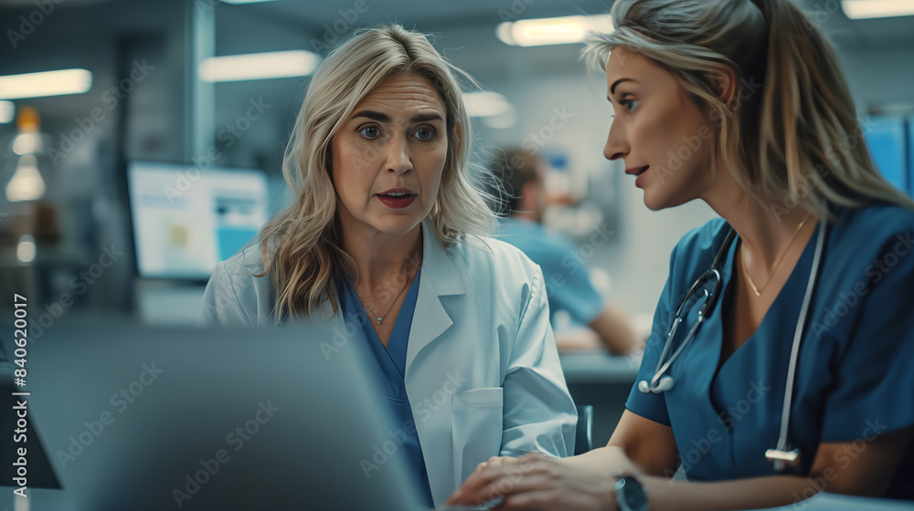 Fototapeta premium Two female medical professionals in a hospital setting discuss patient care while looking at a laptop, demonstrating teamwork and focus. 