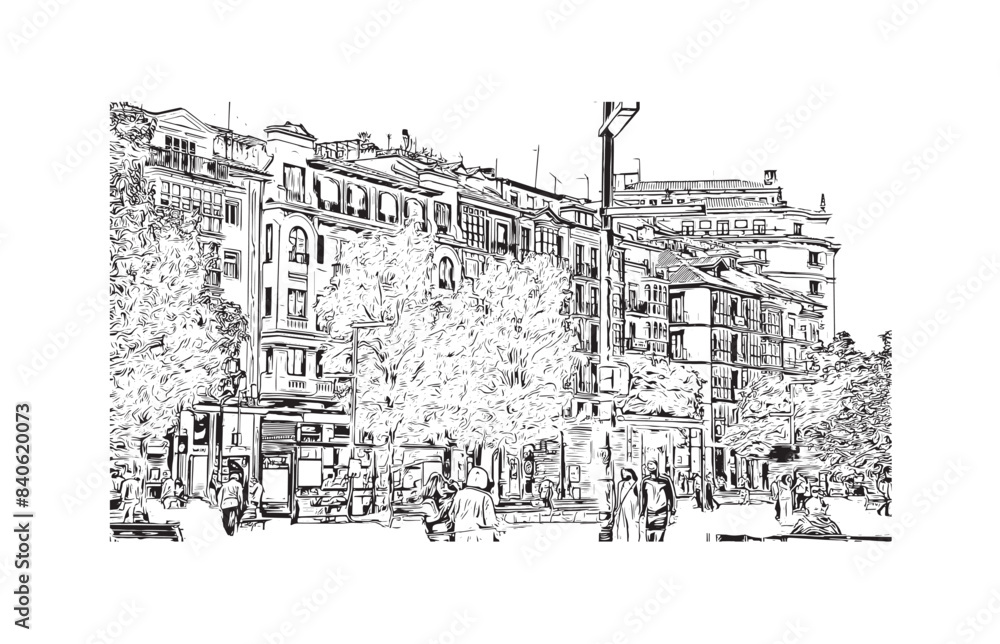 Print Building view with landmark of Santander is the city in Spain. Hand drawn sketch illustration in vector.