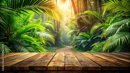 Wooden table with vibrant tropical forest background for product placement  tropical  forest  background  wooden table  nature  greenery  foliage  product placement  stock photo  lush