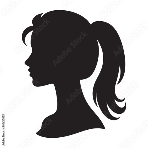Girl with ponytail , female vector silhouette illustration art icon profile