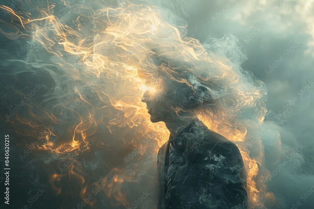 Person Lightheaded A surreal image of a person silhouette with smoke and fire-like effects ...