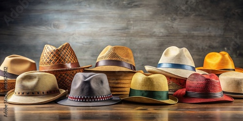 A variety of hats representing different roles balanced on a surface , roles, parent, professional, party animal, hats, balance, juggling, lifestyle, identity, multiple, responsibilities photo