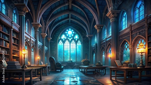 Ancient library with gothic arches  stained glass windows  wooden furniture and magical lights  ancient  library  Gothic  arches  stained glass  windows  vintage  wooden  furniture  magical