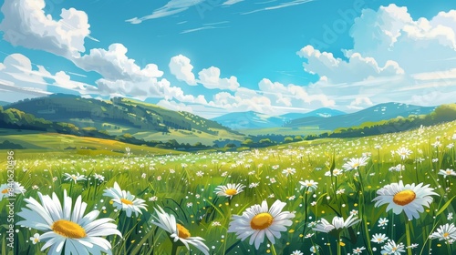 Lush Green Meadow With White Daisies and Rolling Hills on a Sunny Summer Day