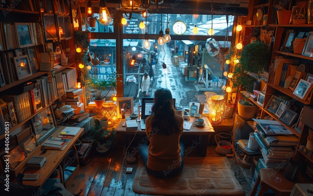 Woman working on laptop in a cozy, illuminated home office with street view Woman working on laptop in a cozy, illuminated home office with street view
