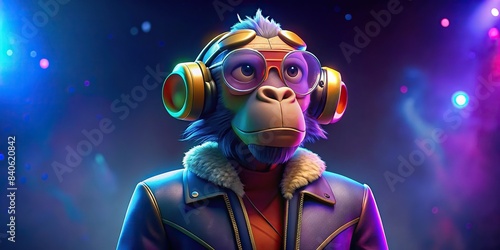 Fantasy character with monkey head in stylish glasses and headphones wearing neon jacket listening to music against color background, fantasy, character, monkey, glasses, headphones, neon © wasan