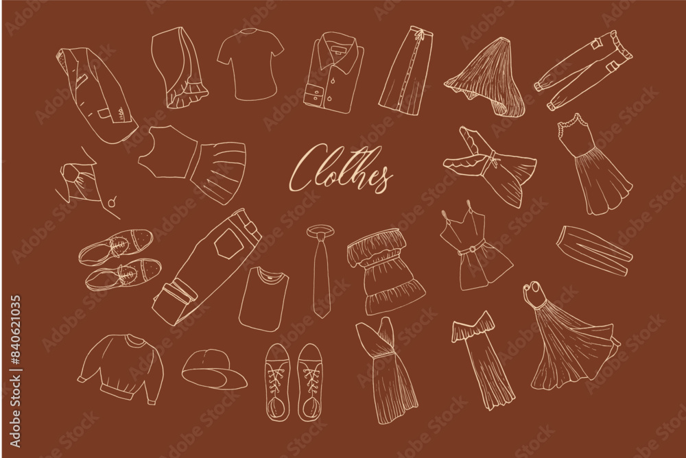 Set of woman clothes in outline doodle style. Vector illustration. Set of woman clothes in outline doodle style. Vector illustration.