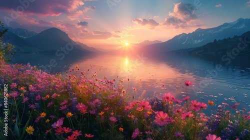 Stunning Sunset Over a Mountain Lake With Wildflowers in Bloom
