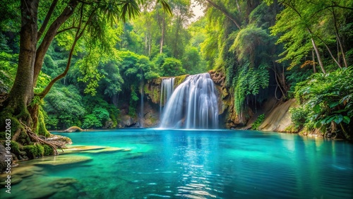 Jungle waterfall cascading into turquoise pond surrounded by tropical rainforest   Jungle  waterfall  cascade  tropical  rainforest  rock  turquoise  blue  pond  palm trees  misty  morning