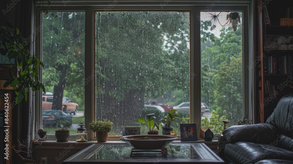 A window with raindrops on it and a potted plant in front of it