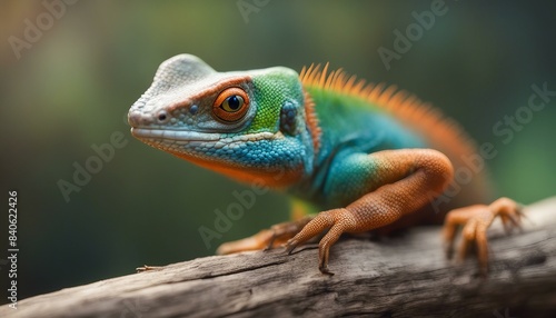A colorful lizard with orange and green colors sits atop a brown wooden branch. © Marlon