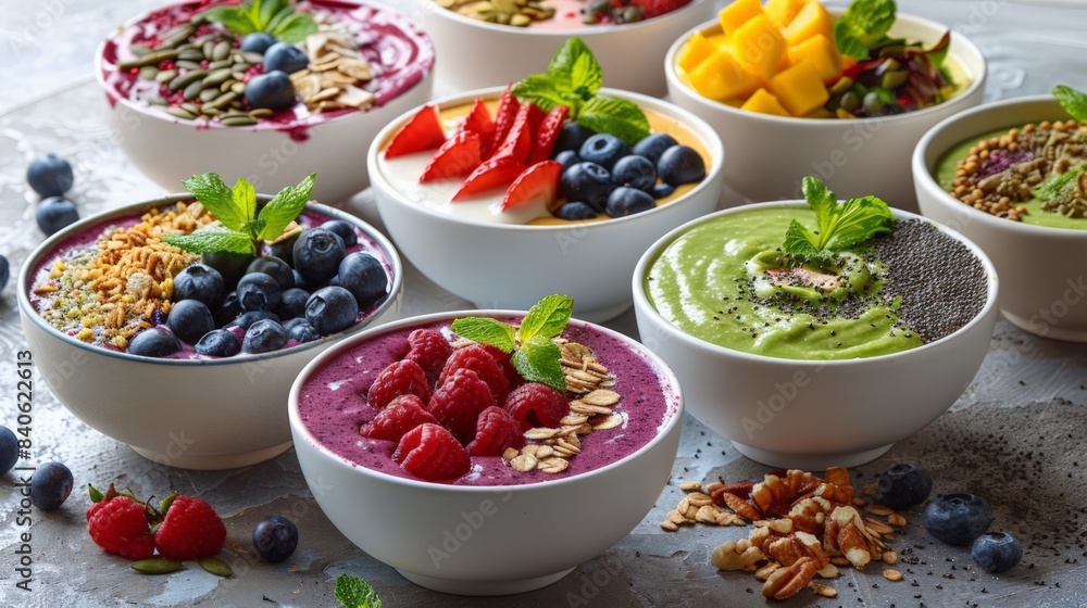 Healthy smoothie bowls: Showcase a variety of healthy smoothie bowls filled with colorful fruits and toppings. Healthy smoothie bowls: Showcase a variety of healthy smoothie bowls filled with colorful fruits and toppings.
