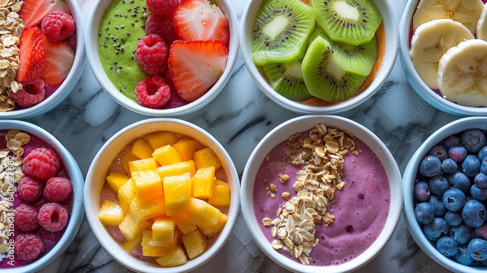 Healthy smoothie bowls: Showcase a variety of healthy smoothie bowls filled with colorful fruits and toppings. Healthy smoothie bowls: Showcase a variety of healthy smoothie bowls filled with colorful fruits and toppings.