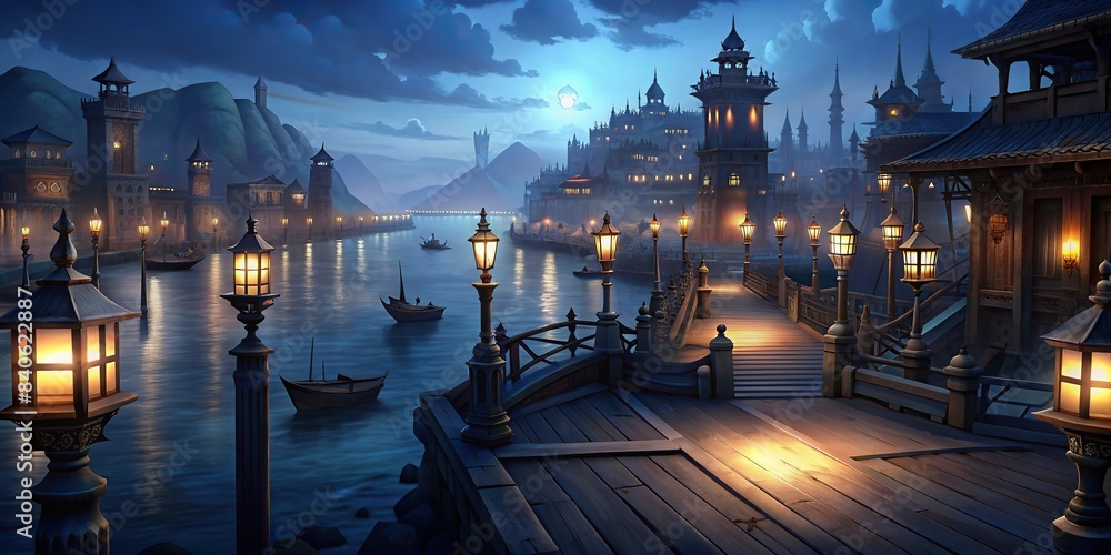 Port city at night with illuminated berths and sea lanterns , port ...