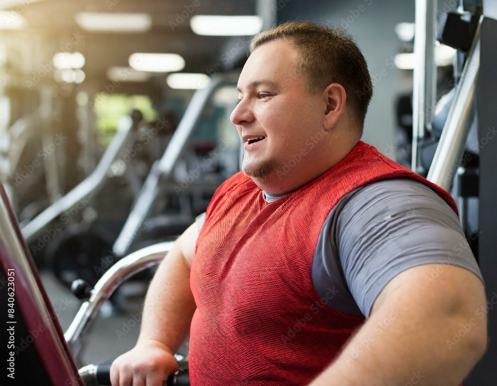Naklejka premium Otyły mężczyzna ćwiczący na siłowni