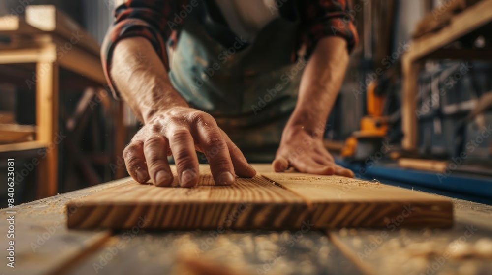 man owner a small furniture business is preparing wood for production. carpenter male is adjust wood to the desired size. architect, designer, Built-in, professional wood, craftsman, workshop. man owner a small furniture business is preparing wood for production. carpenter male is adjust wood to the desired size. architect, designer, Built-in, professional wood, craftsman, workshop.