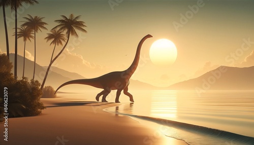 Brachiosaurus on a tranquil beach  warm sunrise glow  and palm trees. Long-necked Brachiosaurus on a serene beach at sunrise.