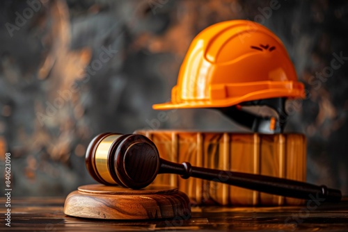 Wooden gavel and hard hat on table