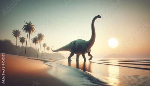 Brachiosaurus on a tranquil beach  warm sunrise glow  and palm trees. Long-necked Brachiosaurus on a serene beach at sunrise.