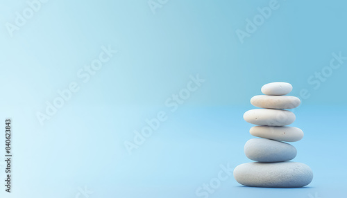 Balancing white stones on blue background