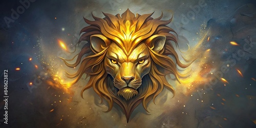 Abstract oriental style painting of a golden lion head on gray and gold canvas, animal, painting, decoration, interior, modern, texture, abstract, pattern, lion, head, gold, gray, canvas, art photo