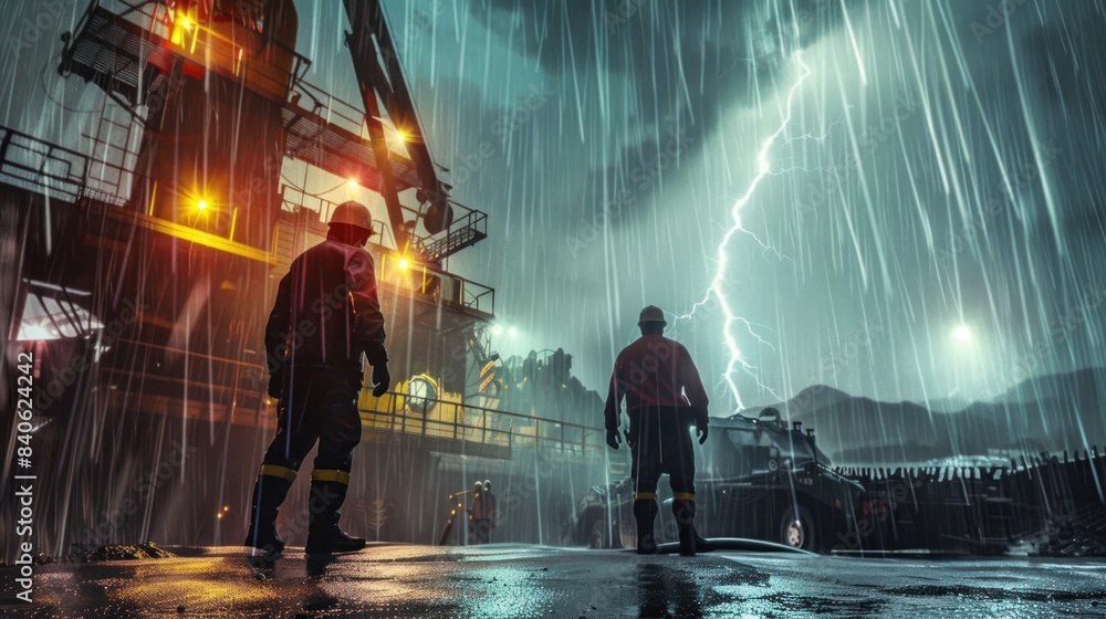 Labour work on construction side in Havey Rain Construction worker is standing in the rain in front of large construction vehicle Labour work on construction side in Havey Rain Construction worker is standing in the rain in front of large construction vehicle
