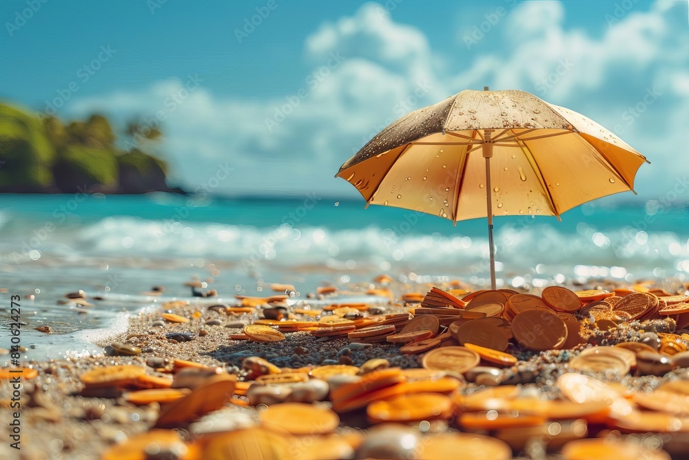 custom made wallpaper toronto digitalA small yellow umbrella stands on a sandy beach with scattered seashells.