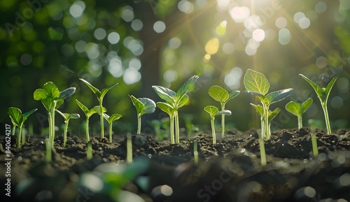 Seedlings grow in the soil, with green leaves and sunlight on their background