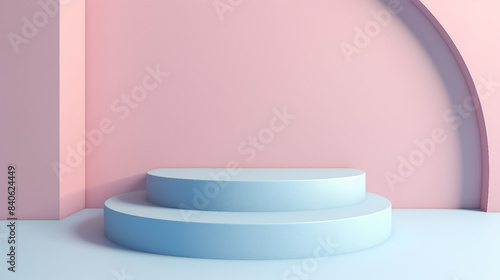 Ethereal Pastel Fantasy with Blue Geometric Podium - Abstract 3D Rendering Stock Illustration