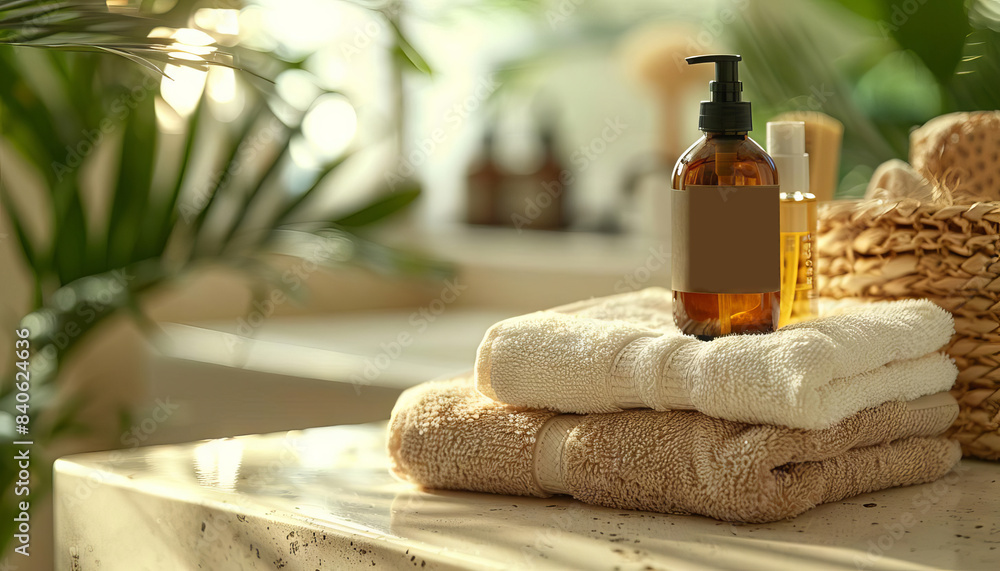 Boho style bathroom, closeup of towels and liquid soap on counter, space for text, blurred background. Boho style bathroom, closeup of towels and liquid soap on counter, space for text, blurred background.