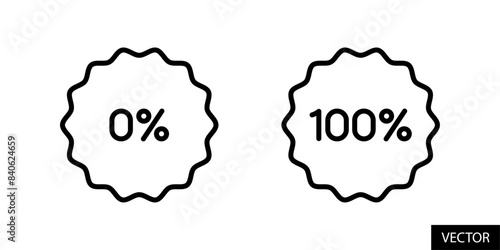 0% and 100% tag, zero percent and hundred percent badge, sticker, label vector icons in line style design for website, app, UI, isolated on white background. Editable stroke. Vector illustration.