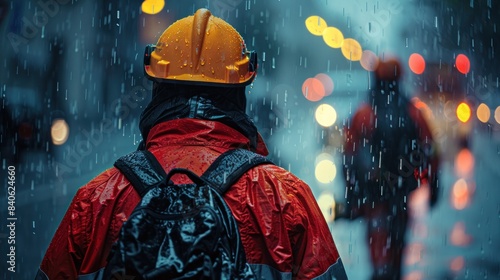 Labour work on construction side in Havey Rain Construction worker is standing in the rain in front of large construction vehicle © BAIBOON
