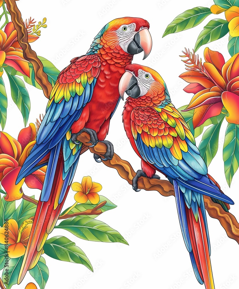 Fototapeta premium Two colorful macaw parrots perched on a branch, surrounded by vibrant tropical flowers and foliage.