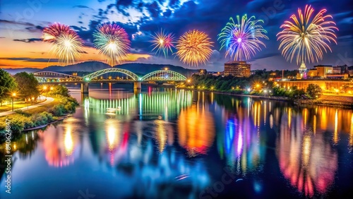 Nighttime view of Chattanooga's Riverbend festival with colorful lights and fireworks reflecting on the river , Chattanooga, Riverbend, festival, lights, fireworks, nighttime, reflection photo