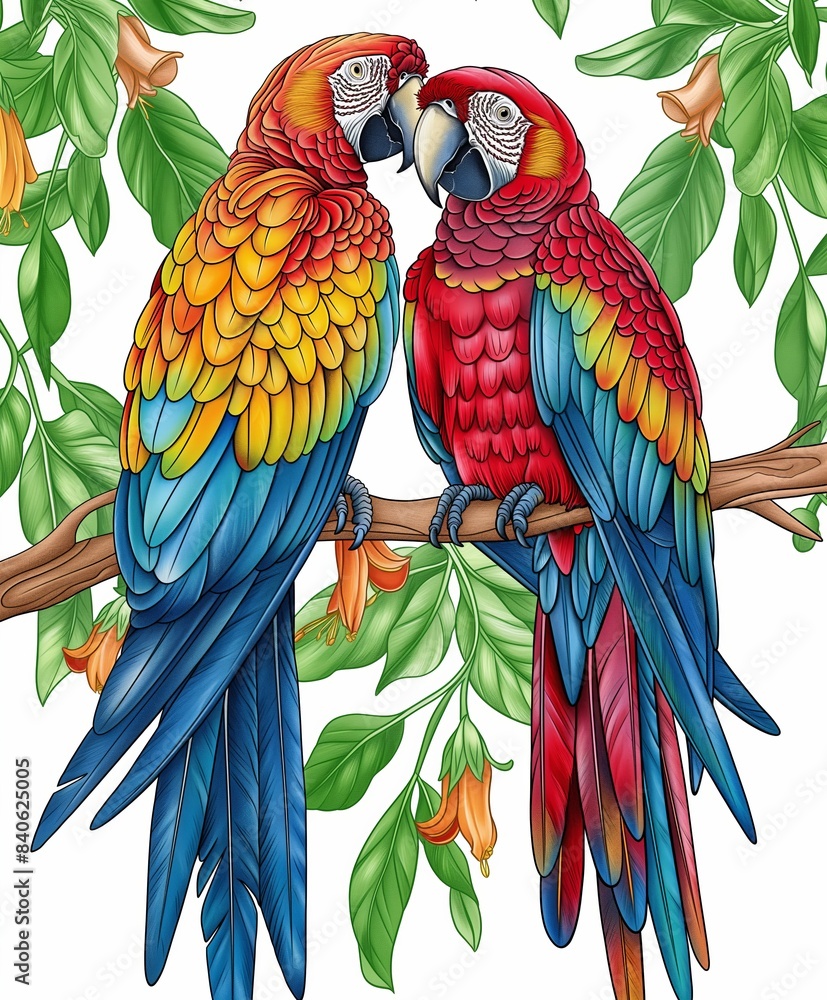 Obraz premium Two vibrant scarlet macaws perched on a branch amidst lush green leaves, showcasing colorful feathers.