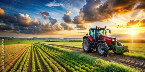 Advanced tractor managing precision farming in verdant agricultural fields with space for text, tractor, advanced, technology, precision farming, agriculture, fields, farmland, rural photo