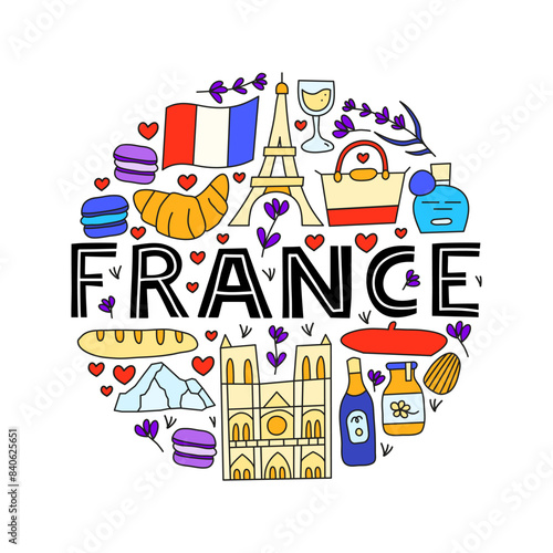 Doodle colored France landmarks and attractions compose in circle shape isolated on white background. Travel concept background.