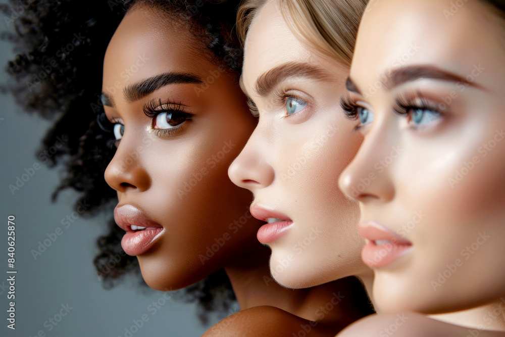 Diverse group of women with flawless skin and perfect makeup. Diverse group of women with flawless skin and perfect makeup.